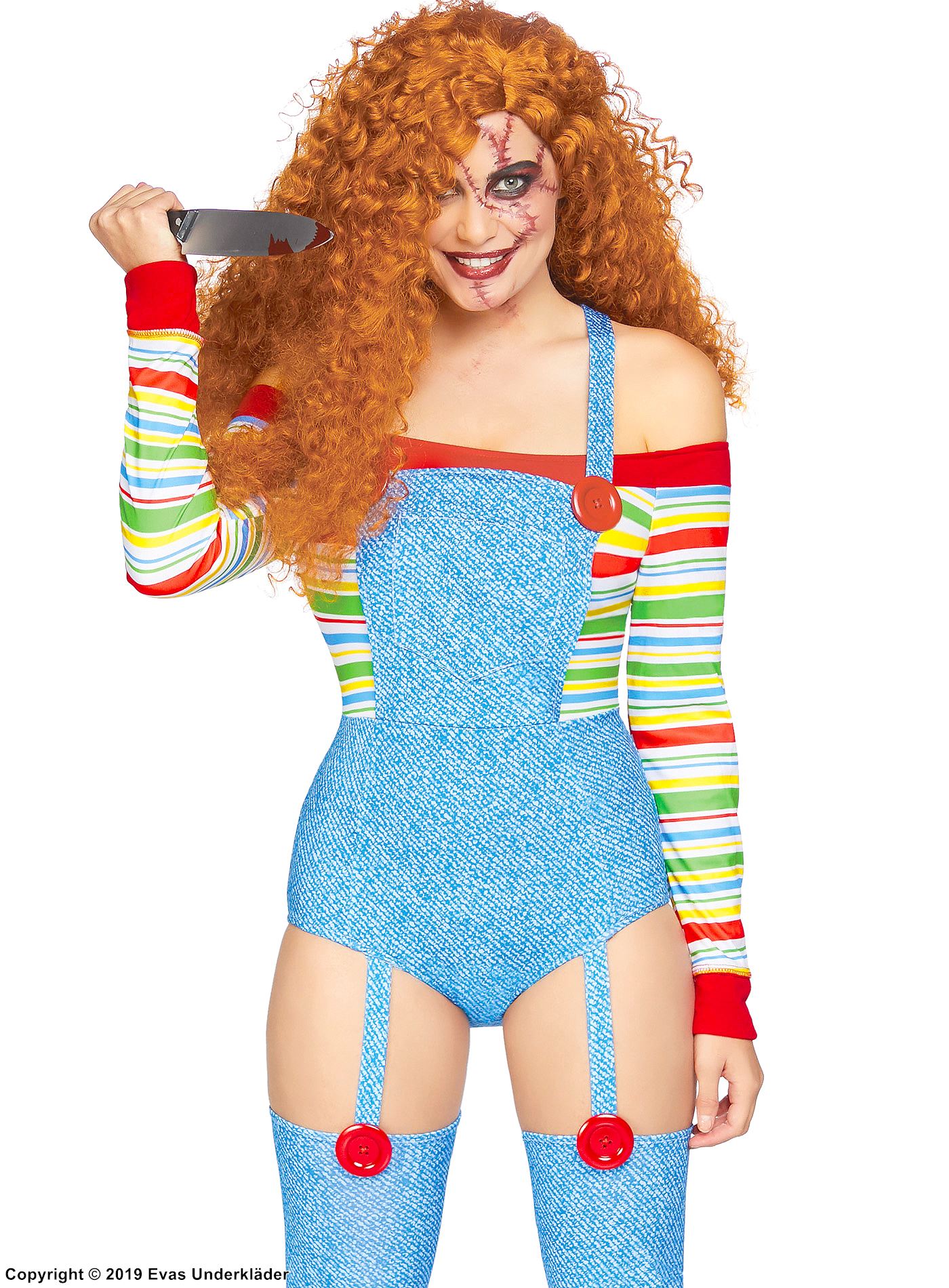 Chucky fra Child's Play (kvinne), kostymeundertøysbody, knapper, off-shoulder, fargerike striper